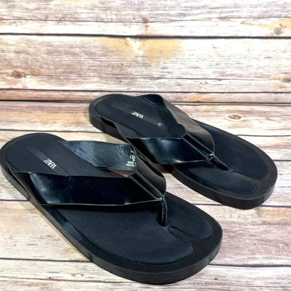 Zara Womens Black Minimalist Satin Insole Slip On Thong Slides Sandals 39/8.5 - Picture 1 of 6